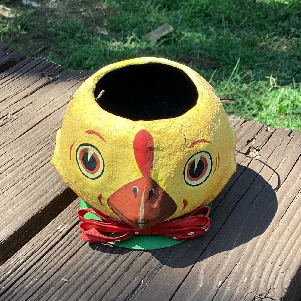 Vintage Chicken Paper Mache Head Vase Yellow Red Easter Spring‎ Decor